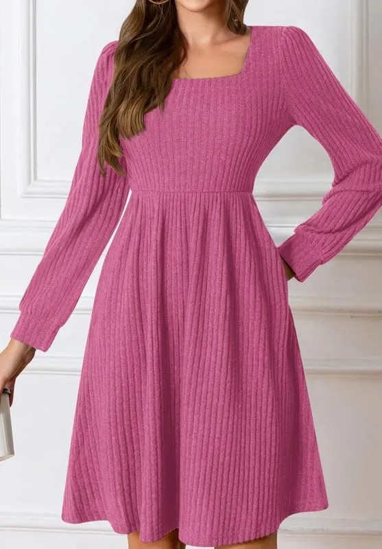 Womens Fall Dresses Knit Sweater Dress with Pockets Square Neck Long Sleeve Dresses with Pockets