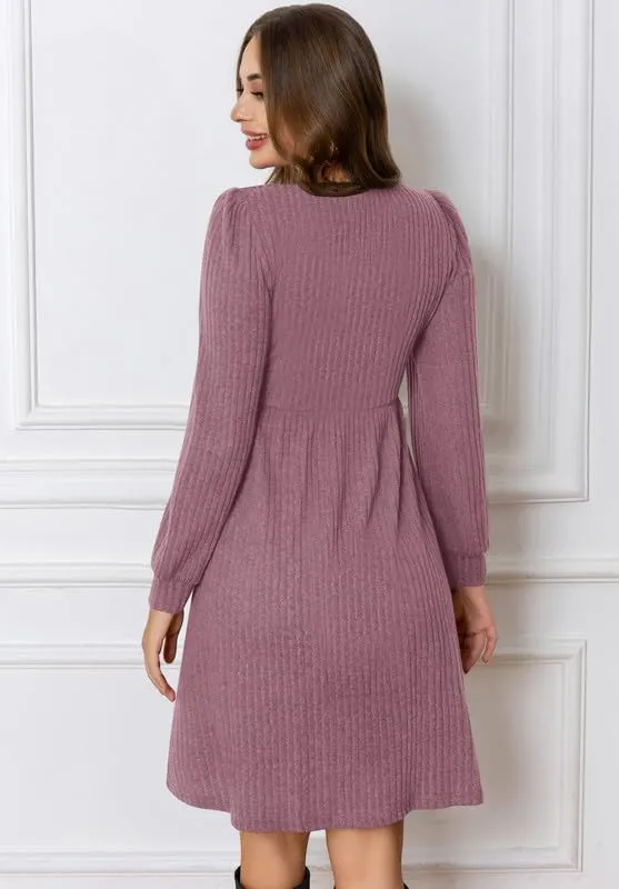 Womens Fall Dresses Knit Sweater Dress with Pockets Square Neck Long Sleeve Dresses with Pockets