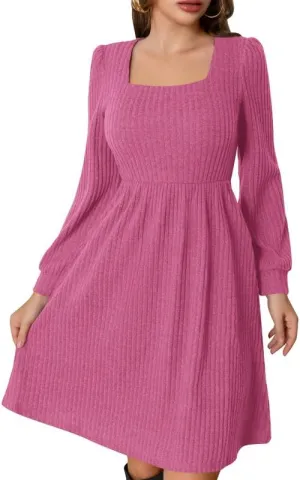 Womens Fall Dresses Knit Sweater Dress with Pockets Square Neck Long Sleeve Dresses with Pockets