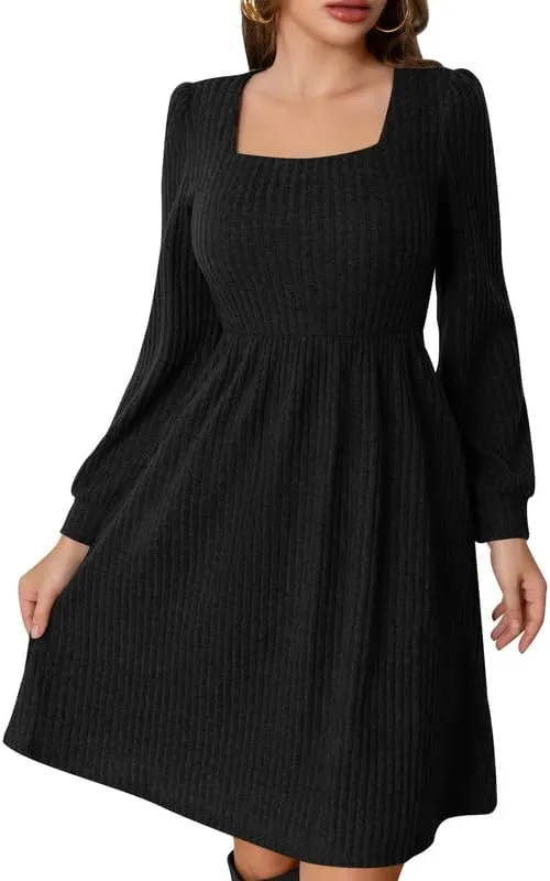 Womens Fall Dresses Knit Sweater Dress with Pockets Square Neck Long Sleeve Dresses with Pockets
