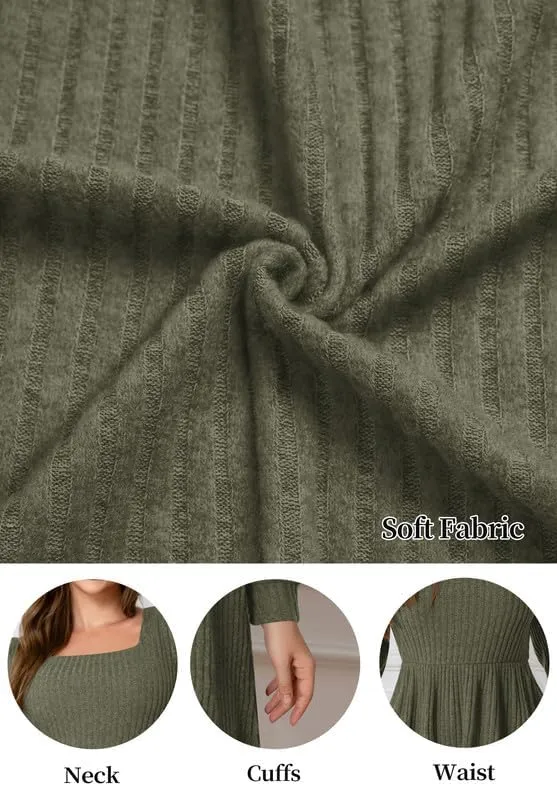 Womens Fall Dresses Knit Sweater Dress with Pockets Square Neck Long Sleeve Dresses with Pockets
