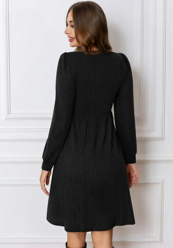 Womens Fall Dresses Knit Sweater Dress with Pockets Square Neck Long Sleeve Dresses with Pockets
