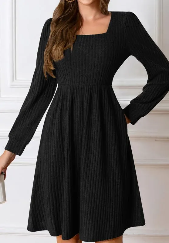 Womens Fall Dresses Knit Sweater Dress with Pockets Square Neck Long Sleeve Dresses with Pockets