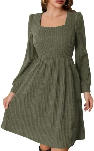 Womens Fall Dresses Knit Sweater Dress with Pockets Square Neck Long Sleeve Dresses with Pockets