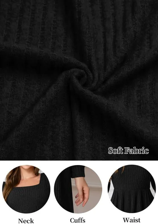 Womens Fall Dresses Knit Sweater Dress with Pockets Square Neck Long Sleeve Dresses with Pockets