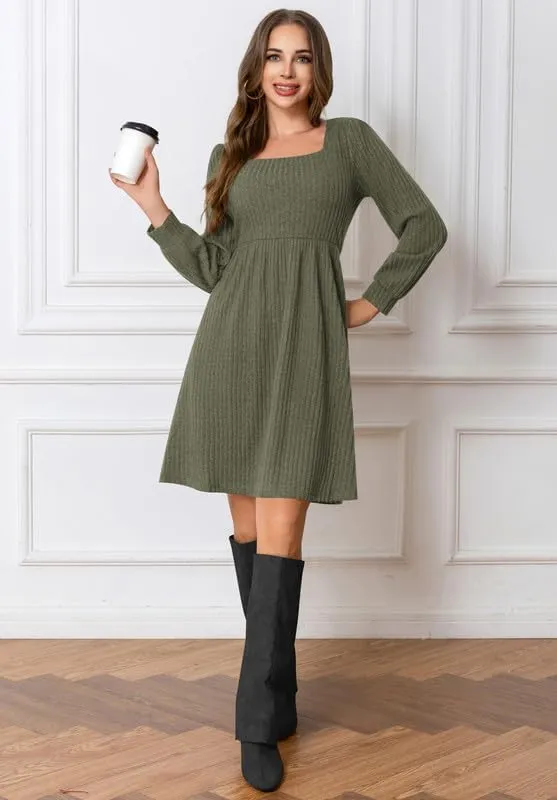 Womens Fall Dresses Knit Sweater Dress with Pockets Square Neck Long Sleeve Dresses with Pockets