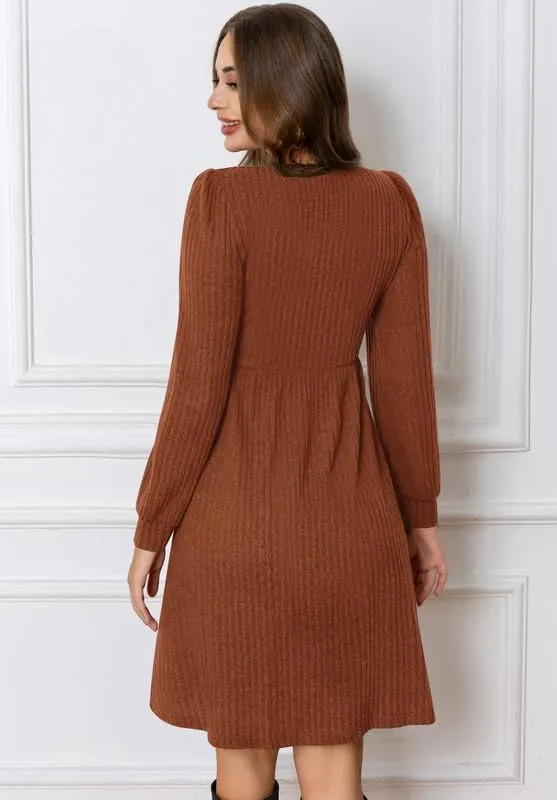 Womens Fall Dresses Knit Sweater Dress with Pockets Square Neck Long Sleeve Dresses with Pockets