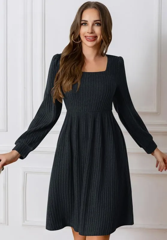 Womens Fall Dresses Knit Sweater Dress with Pockets Square Neck Long Sleeve Dresses with Pockets
