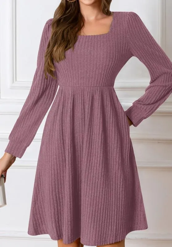 Womens Fall Dresses Knit Sweater Dress with Pockets Square Neck Long Sleeve Dresses with Pockets