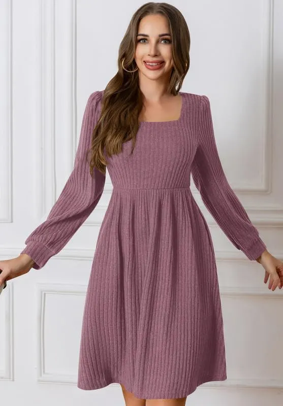 Womens Fall Dresses Knit Sweater Dress with Pockets Square Neck Long Sleeve Dresses with Pockets