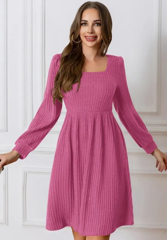 Womens Fall Dresses Knit Sweater Dress with Pockets Square Neck Long Sleeve Dresses with Pockets