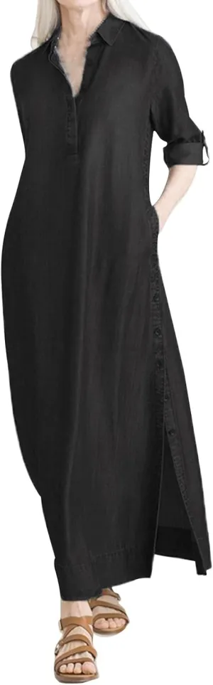 Women's Fashion Denim Dress New Shirt Collar Denim Button Long Skirt Outfits