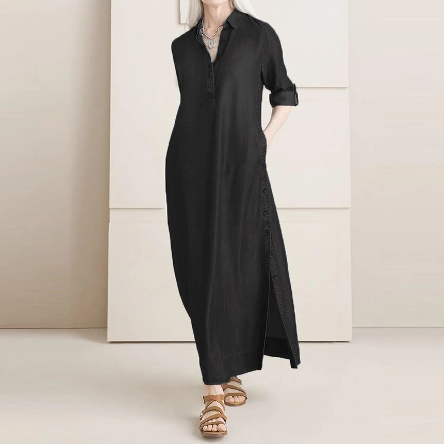 Women's Fashion Denim Dress New Shirt Collar Denim Button Long Skirt Outfits