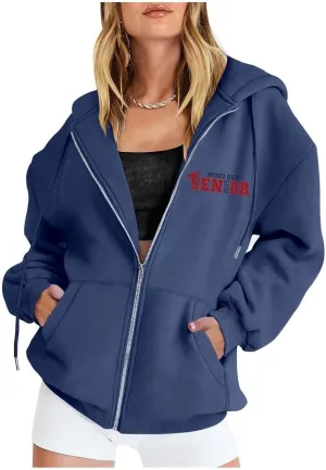 Women's Fashion Hoodies Back Letter Print Long Sleeve Full Zip Up Drawstring Hooded Sweatshirts Loose Preppy Jackets