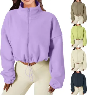 Women's Fleece Cropped Jackets Winter Full Zip Warm Long Sleeve Sherpa Coat Stand Collar Drawstring Hem Travel Coats