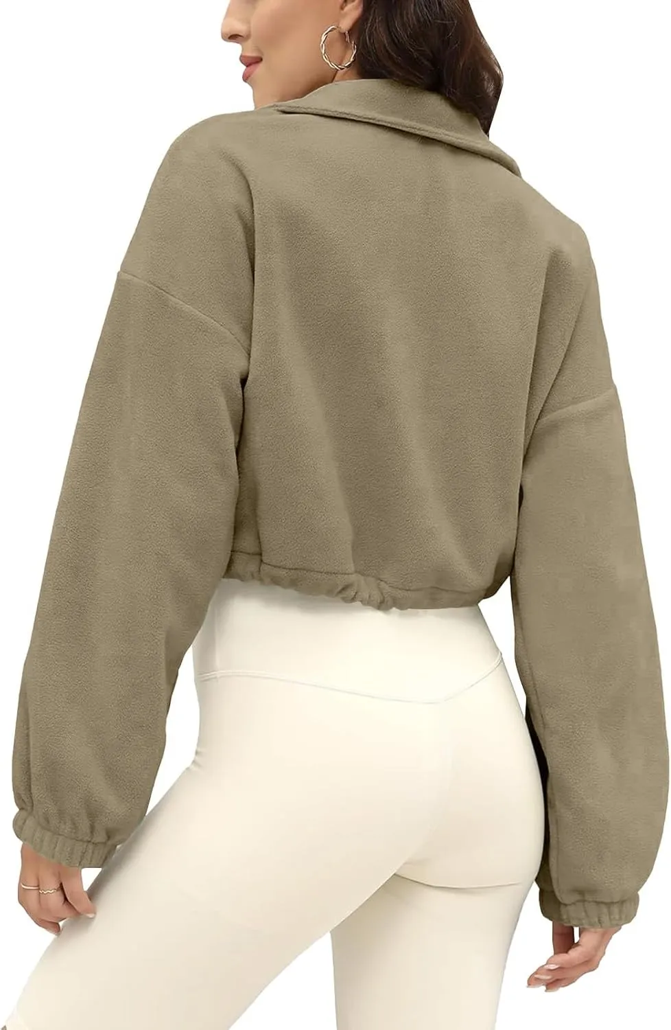 Women's Fleece Cropped Jackets Winter Full Zip Warm Long Sleeve Sherpa Coat Stand Collar Drawstring Hem Travel Coats