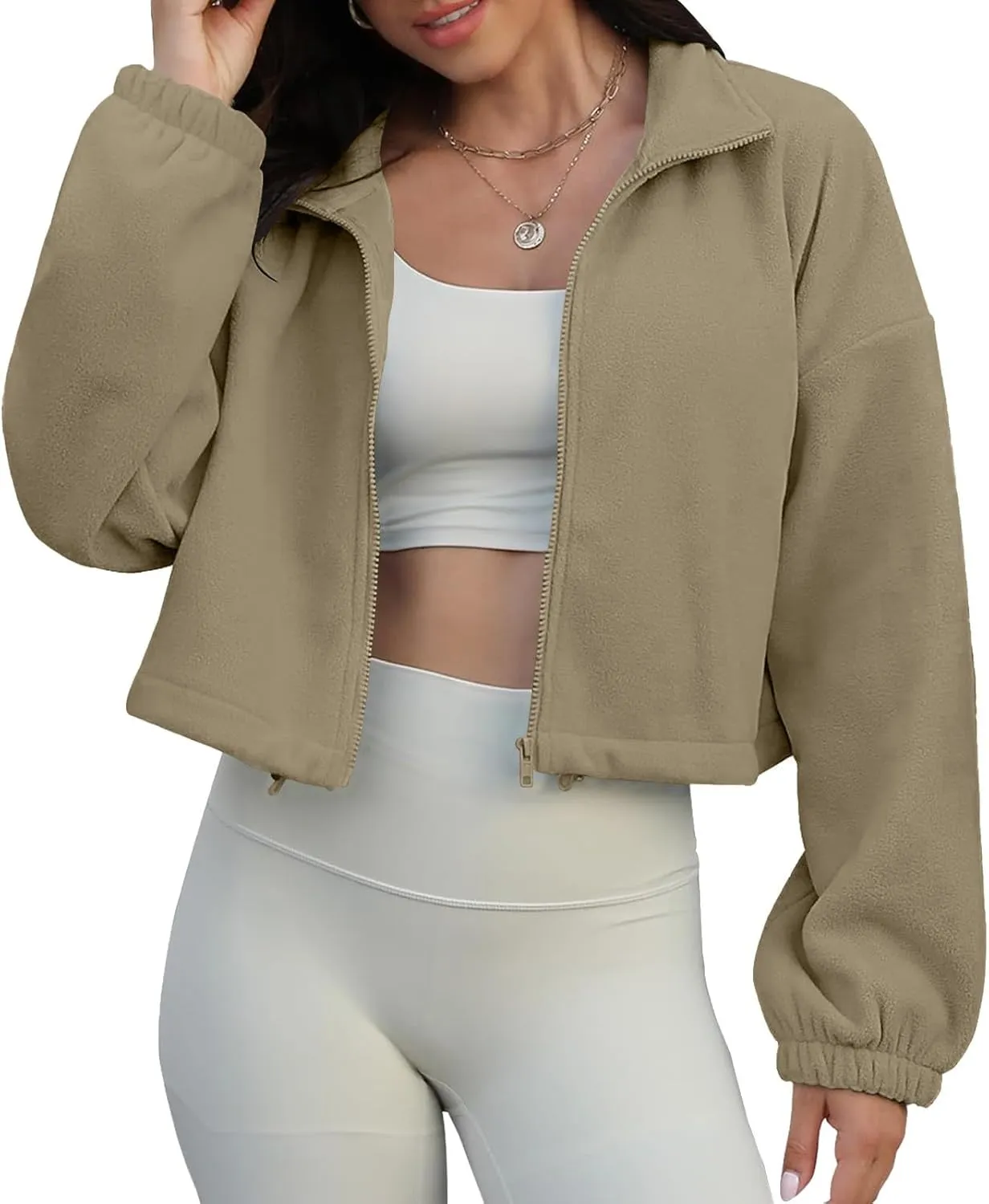 Women's Fleece Cropped Jackets Winter Full Zip Warm Long Sleeve Sherpa Coat Stand Collar Drawstring Hem Travel Coats