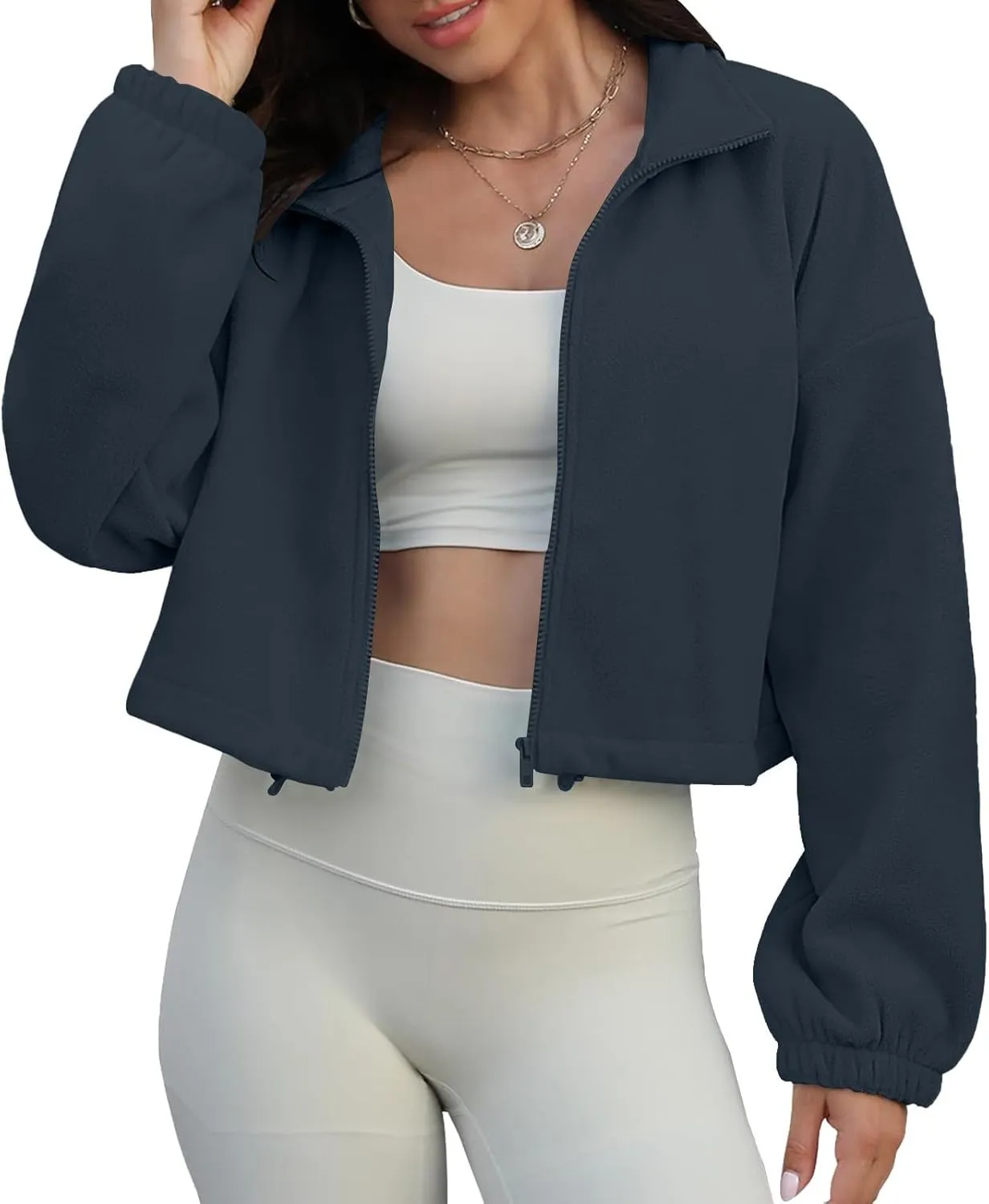 Women's Fleece Cropped Jackets Winter Full Zip Warm Long Sleeve Sherpa Coat Stand Collar Drawstring Hem Travel Coats