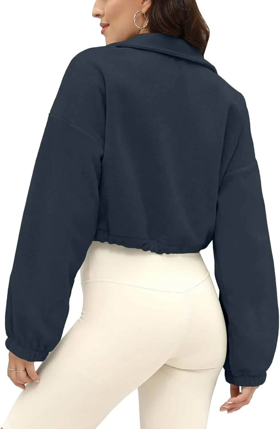 Women's Fleece Cropped Jackets Winter Full Zip Warm Long Sleeve Sherpa Coat Stand Collar Drawstring Hem Travel Coats