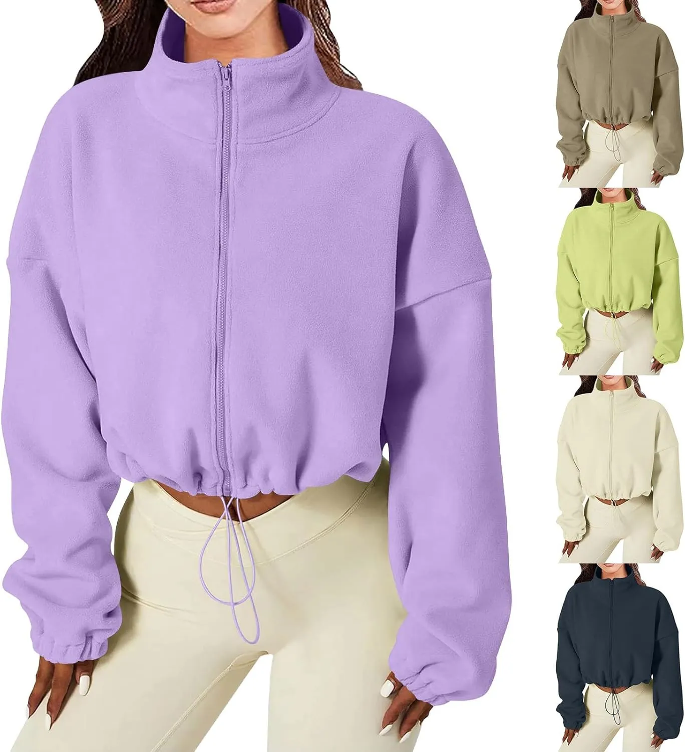 Women's Fleece Cropped Jackets Winter Full Zip Warm Long Sleeve Sherpa Coat Stand Collar Drawstring Hem Travel Coats