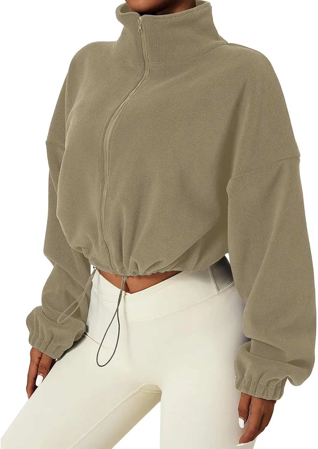 Women's Fleece Cropped Jackets Winter Full Zip Warm Long Sleeve Sherpa Coat Stand Collar Drawstring Hem Travel Coats