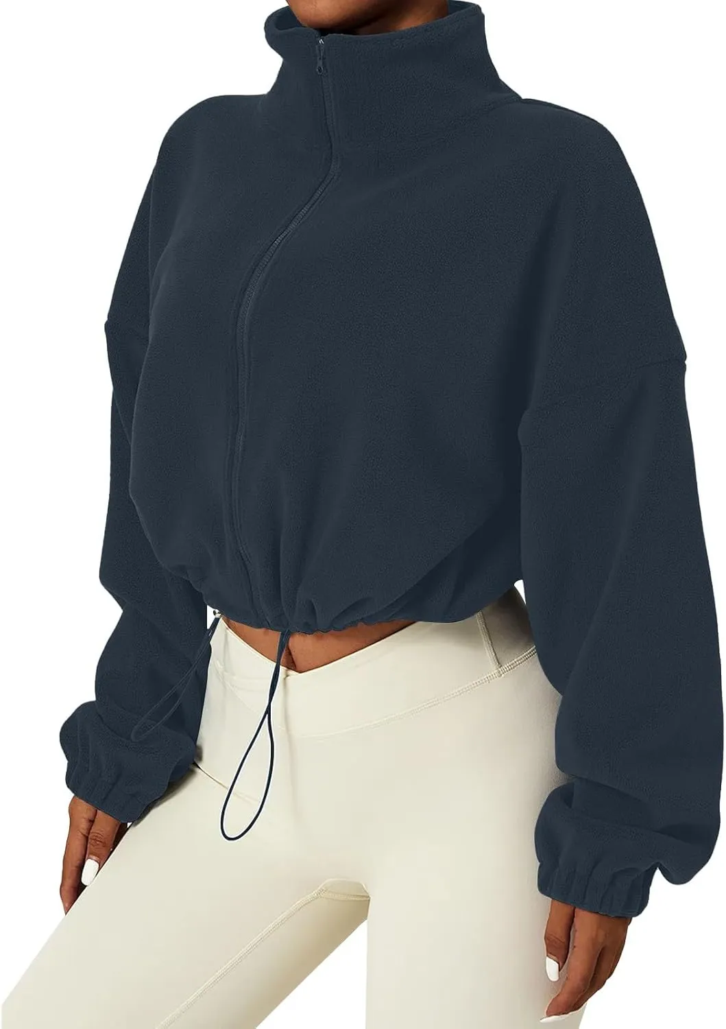 Women's Fleece Cropped Jackets Winter Full Zip Warm Long Sleeve Sherpa Coat Stand Collar Drawstring Hem Travel Coats