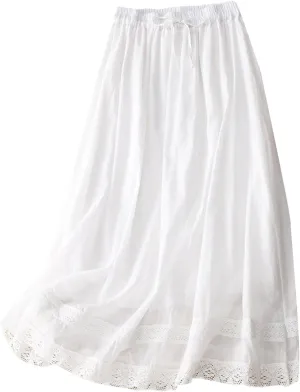 Womens Floral Embroidery Skirt Cotton Linen Skirt Fashion Versatile Casual Retro Flowing Drawstring Waist Maxi Skirt