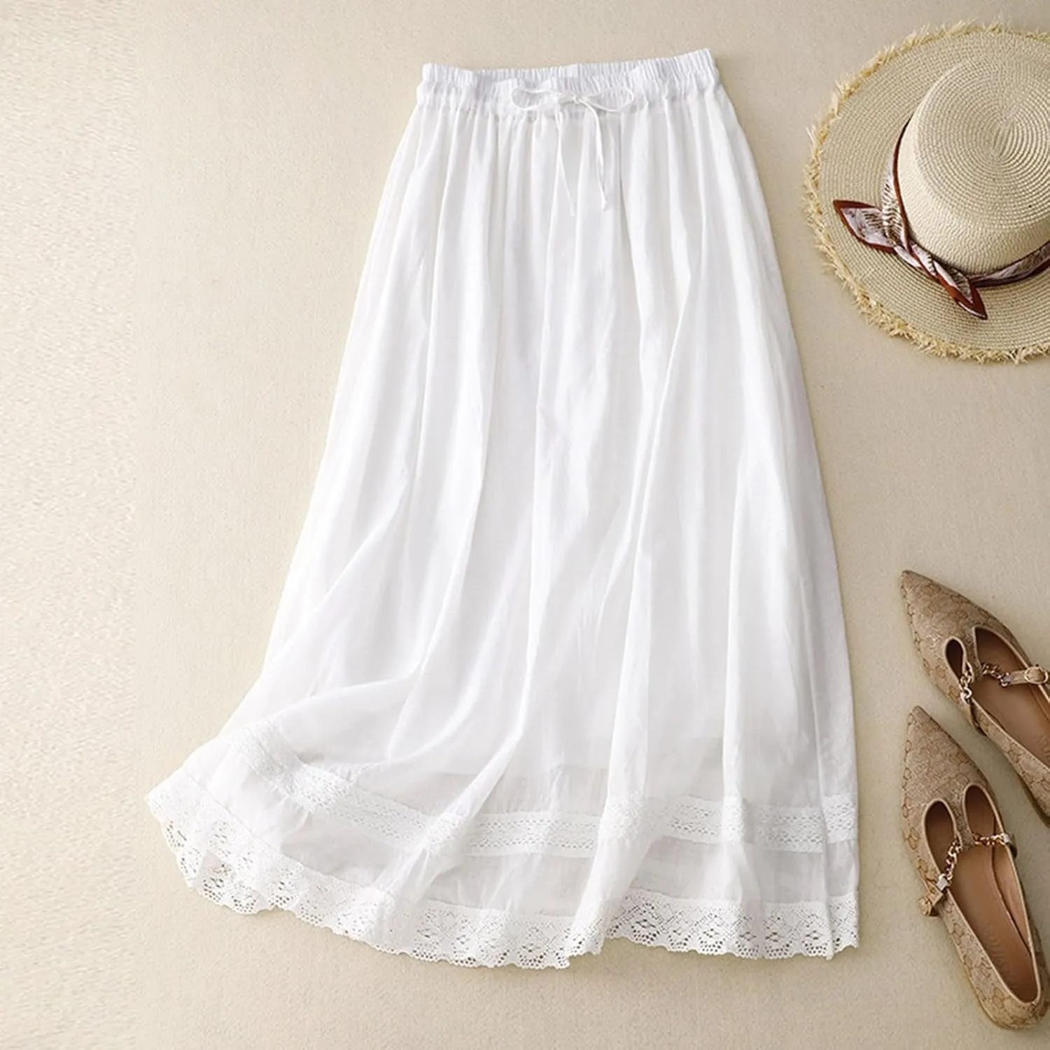 Womens Floral Embroidery Skirt Cotton Linen Skirt Fashion Versatile Casual Retro Flowing Drawstring Waist Maxi Skirt