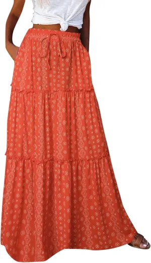 Womens Floral Print Boho Maxi Skirt Casual High Waist Tie Paisley Print Long Maxi Skirt Summer Beach Flowy Skirts
