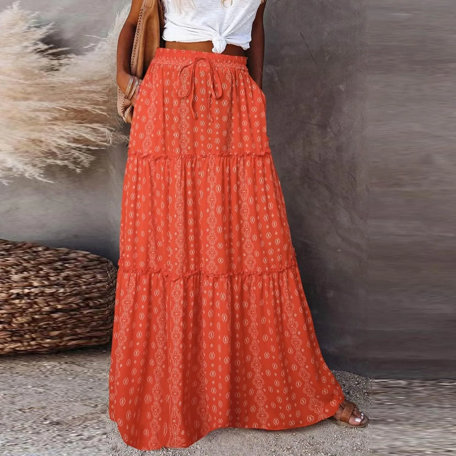 Womens Floral Print Boho Maxi Skirt Casual High Waist Tie Paisley Print Long Maxi Skirt Summer Beach Flowy Skirts