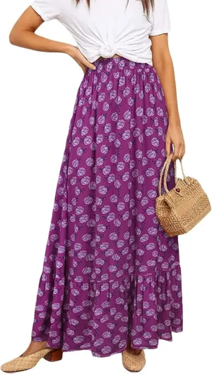 Womens Floral Print Boho Maxi Skirt High Elastic Waist Pleated Flowy Swing A-Line Maxi Skirts Summer Beach Flowy Skirts