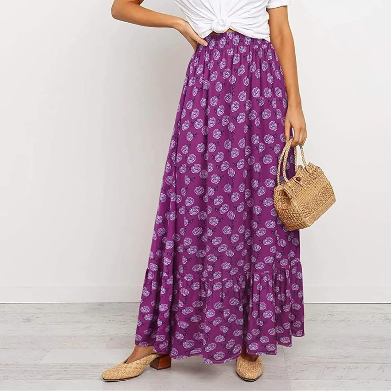 Womens Floral Print Boho Maxi Skirt High Elastic Waist Pleated Flowy Swing A-Line Maxi Skirts Summer Beach Flowy Skirts