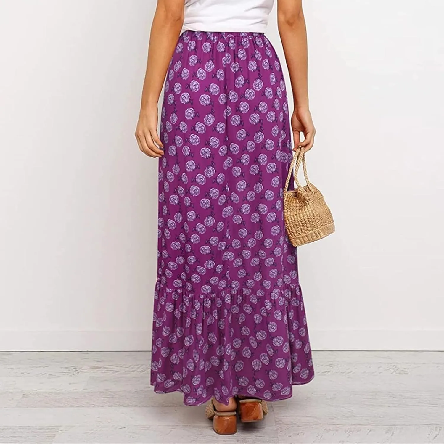 Womens Floral Print Boho Maxi Skirt High Elastic Waist Pleated Flowy Swing A-Line Maxi Skirts Summer Beach Flowy Skirts