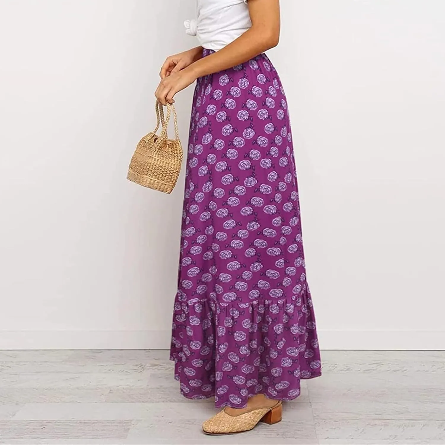 Womens Floral Print Boho Maxi Skirt High Elastic Waist Pleated Flowy Swing A-Line Maxi Skirts Summer Beach Flowy Skirts
