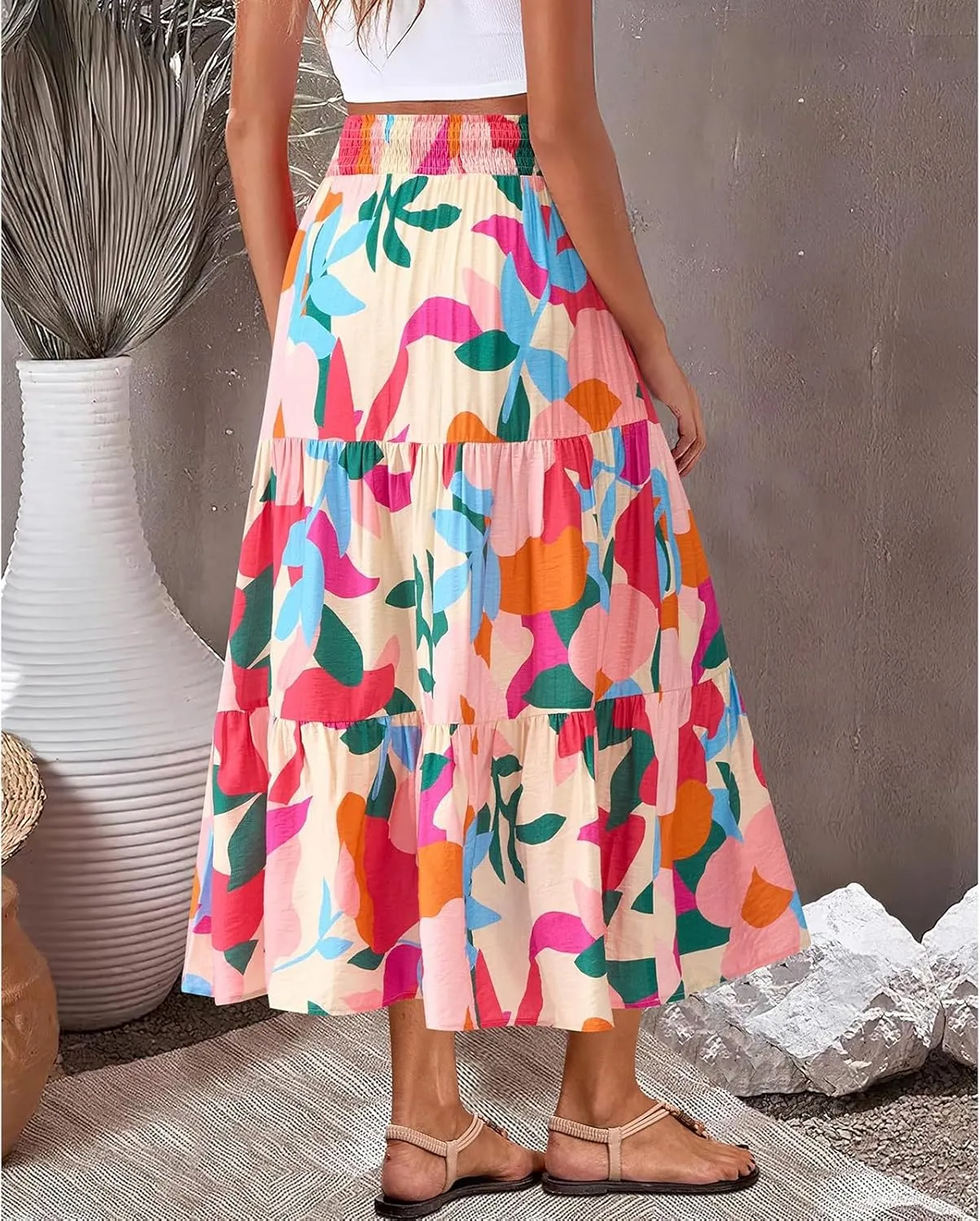 Women's Floral Print Midi Skirts 2025 Summer Aline Elastic High Waist Pleated Flowy Long Skirt Pockets Cute Skirts