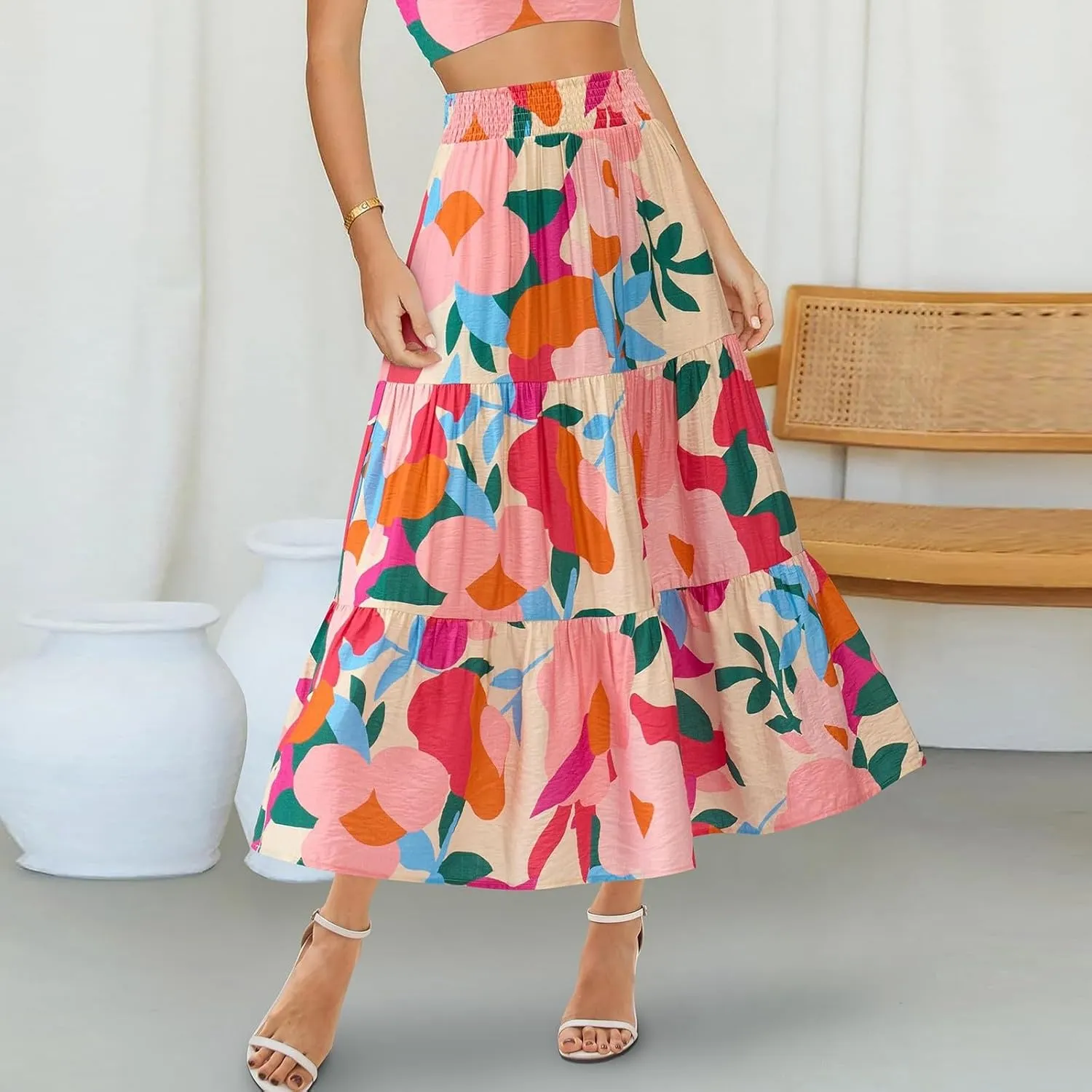 Women's Floral Print Midi Skirts 2025 Summer Aline Elastic High Waist Pleated Flowy Long Skirt Pockets Cute Skirts