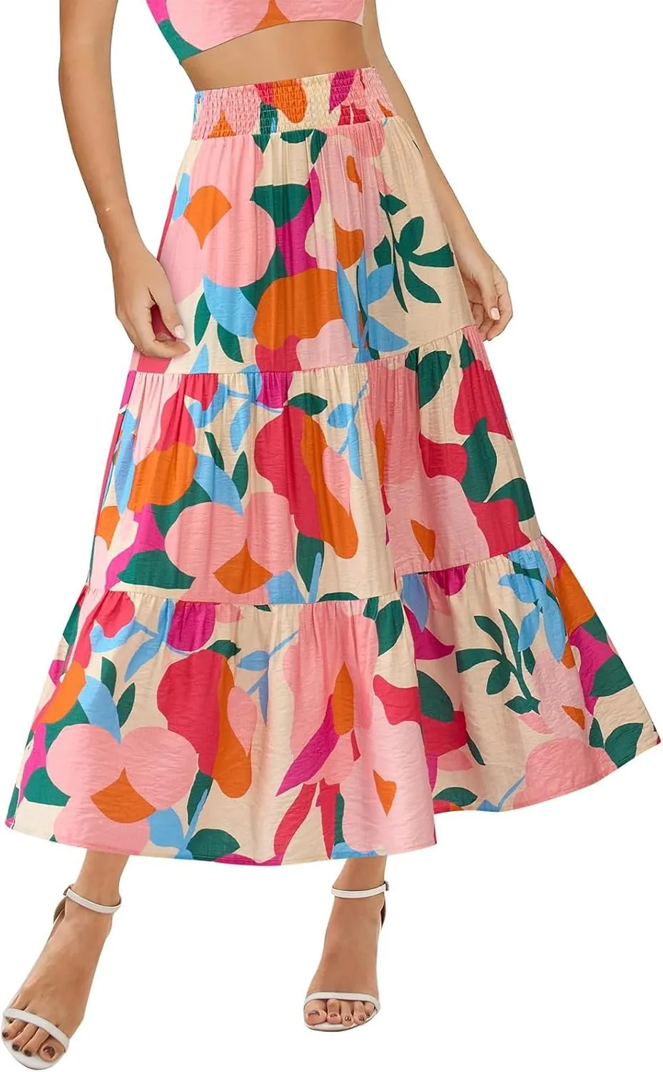 Women's Floral Print Midi Skirts 2025 Summer Aline Elastic High Waist Pleated Flowy Long Skirt Pockets Cute Skirts