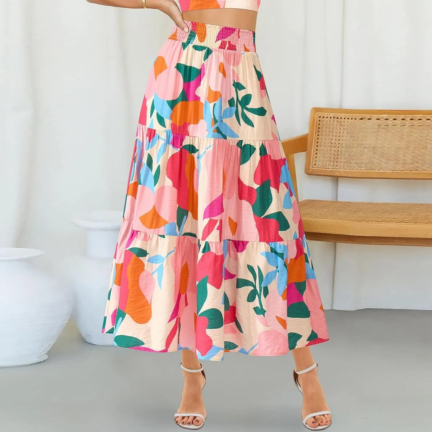 Women's Floral Print Midi Skirts 2025 Summer Aline Elastic High Waist Pleated Flowy Long Skirt Pockets Cute Skirts