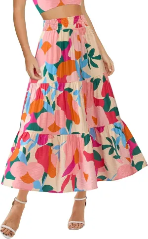 Women's Floral Print Midi Skirts 2025 Summer Aline Elastic High Waist Pleated Flowy Long Skirt Pockets Cute Skirts