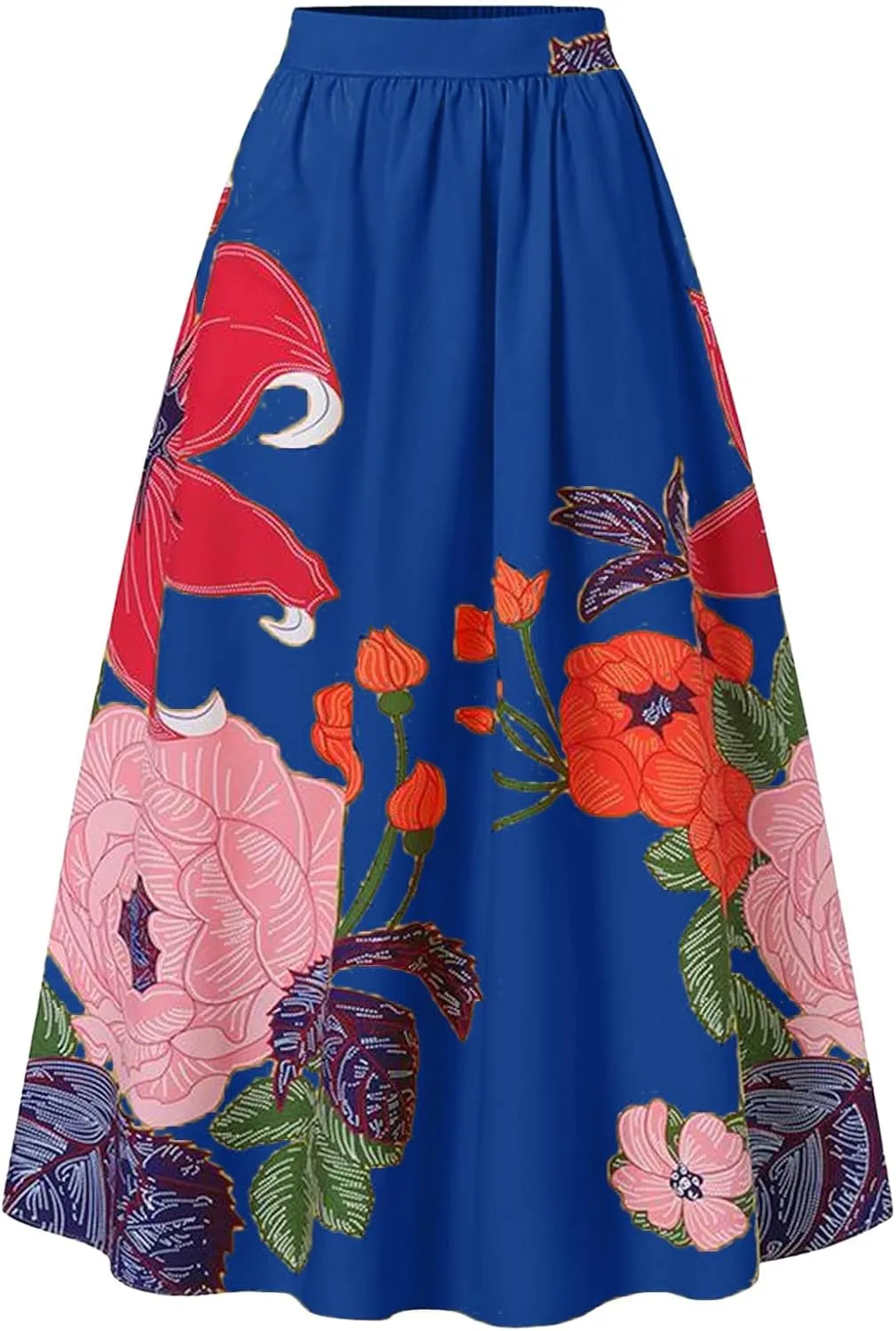Women's Floral Ruffle Skirts Boho Maxi Skirt Plus Size High Waist Fashion Loose Hem Backless Beach Dresses Pocket