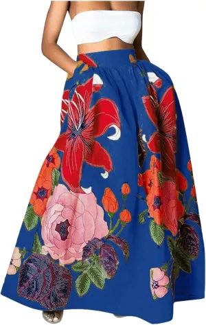 Women's Floral Ruffle Skirts Boho Maxi Skirt Plus Size High Waist Fashion Loose Hem Backless Beach Dresses Pocket