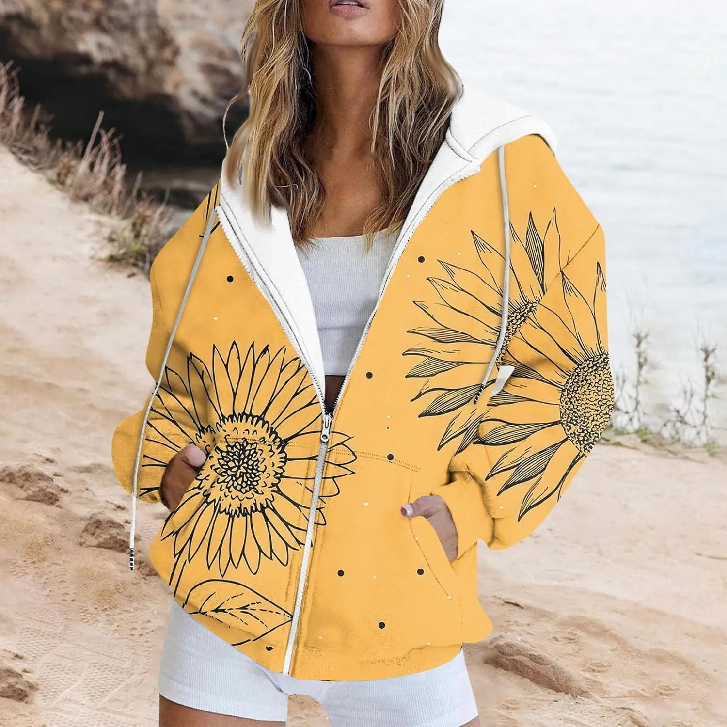 Women's Floral Zip Up Hoodies With Pockets, Casual Style, Long Sleeve, S-3XL