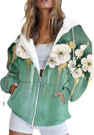 Women's Floral Zip Up Hoodies With Pockets, Casual Style, Long Sleeve, S-3XL