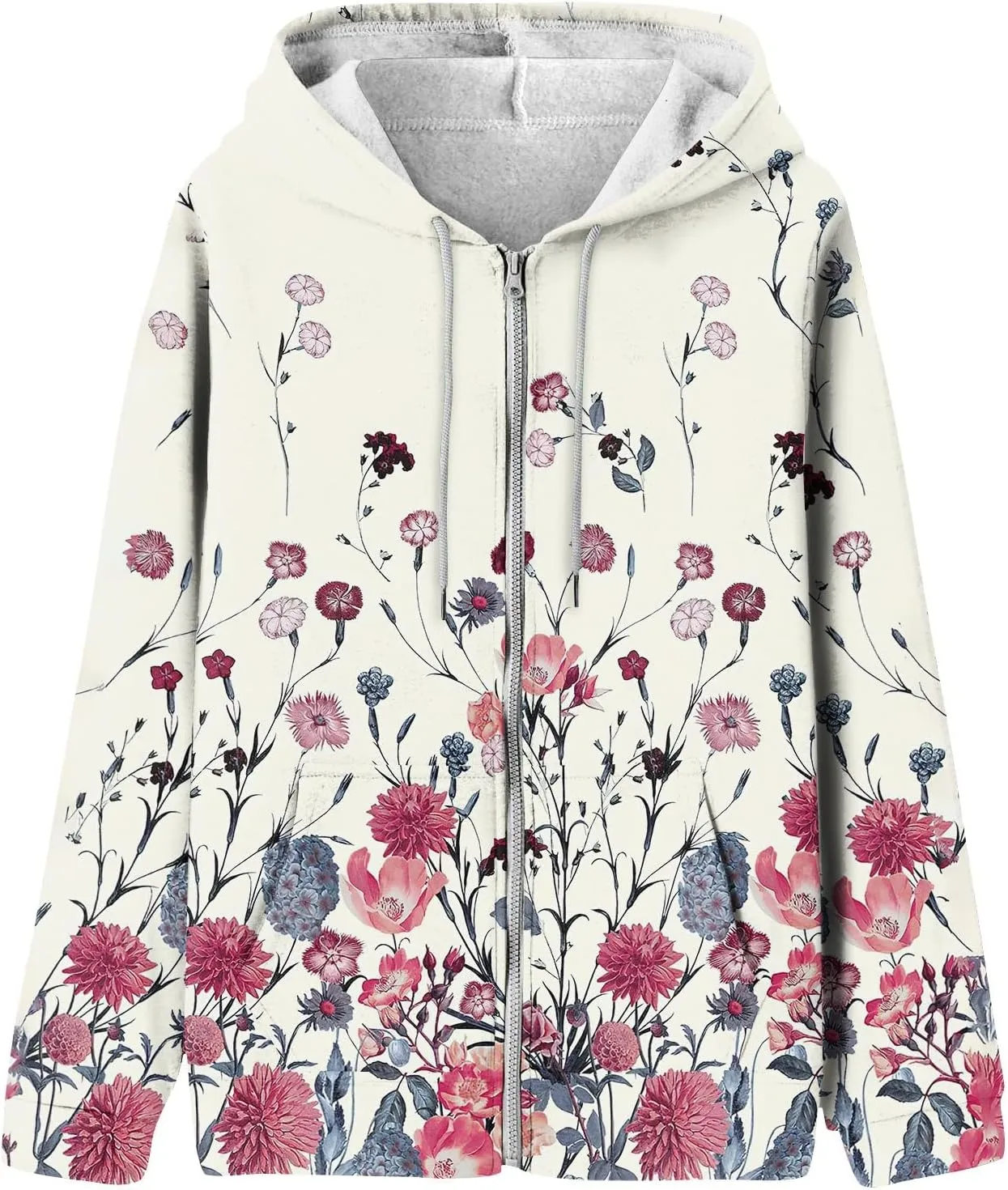 Women's Floral Zip Up Hoodies With Pockets, Casual Style, Long Sleeve, S-3XL