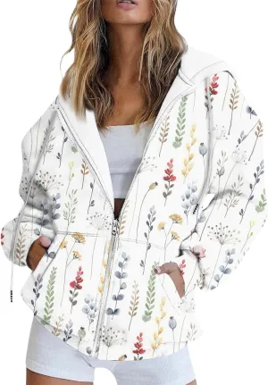 Women's Floral Zip Up Hoodies With Pockets, Casual Style, Long Sleeve, S-3XL