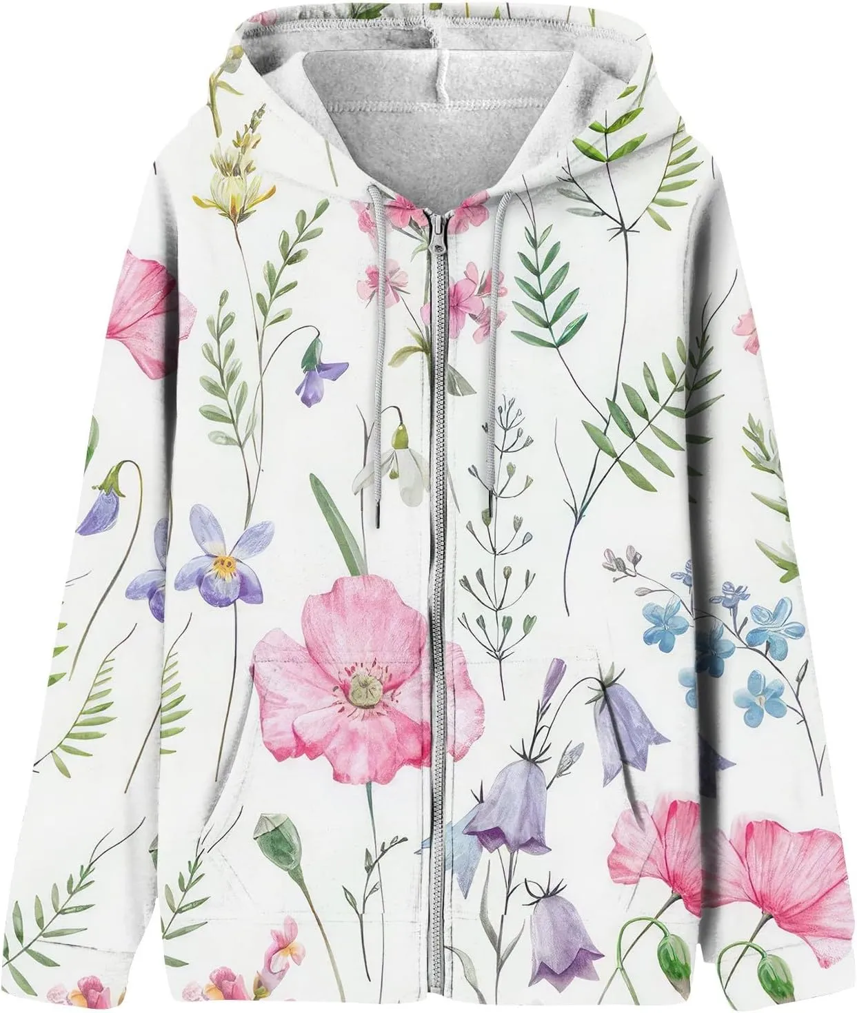 Women's Floral Zip Up Hoodies With Pockets, Casual Style, Long Sleeve, S-3XL