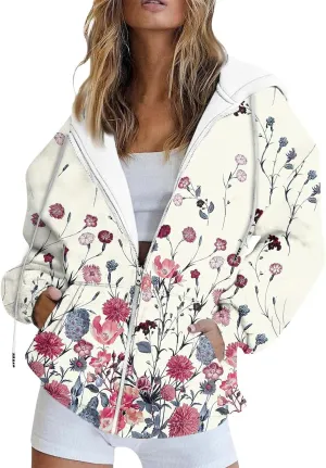 Women's Floral Zip Up Hoodies With Pockets, Casual Style, Long Sleeve, S-3XL