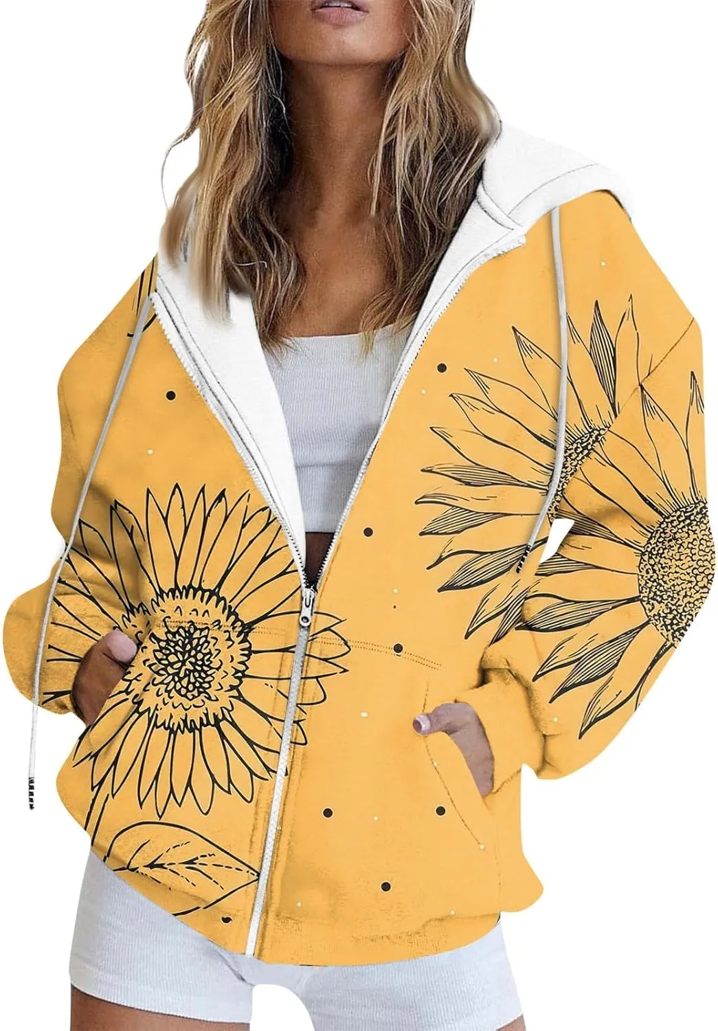 Women's Floral Zip Up Hoodies With Pockets, Casual Style, Long Sleeve, S-3XL