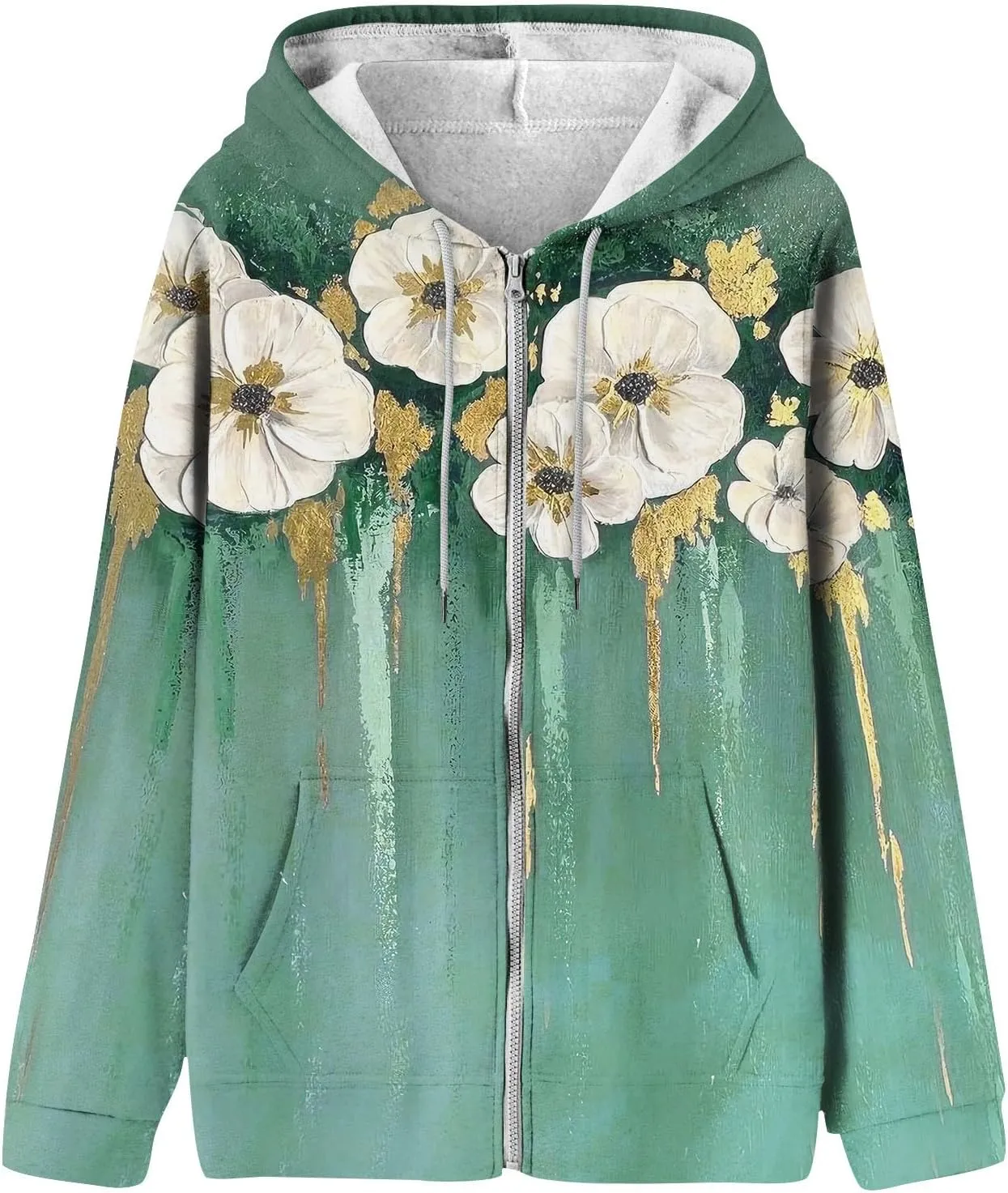 Women's Floral Zip Up Hoodies With Pockets, Casual Style, Long Sleeve, S-3XL