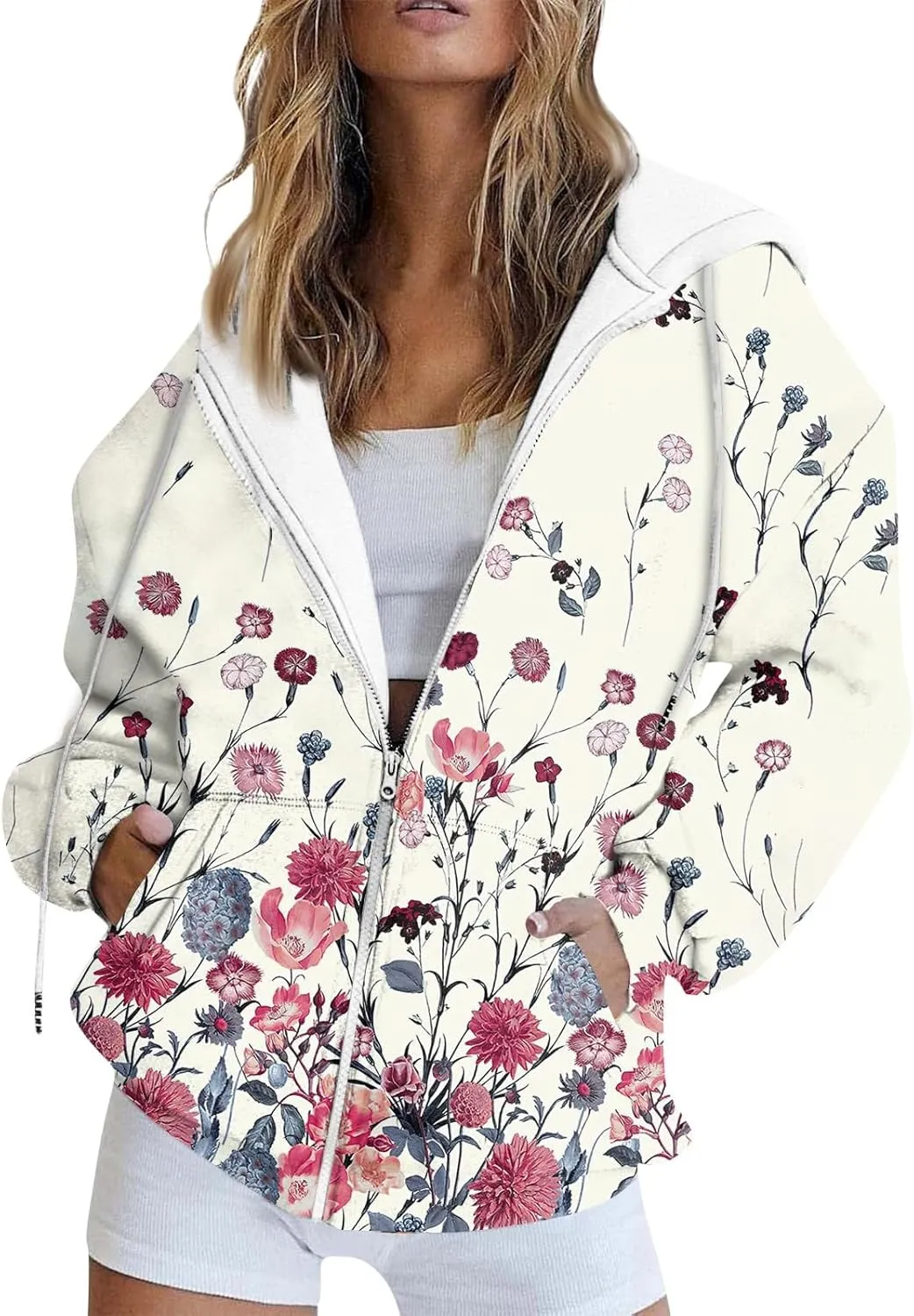 Women's Floral Zip Up Hoodies With Pockets, Casual Style, Long Sleeve, S-3XL